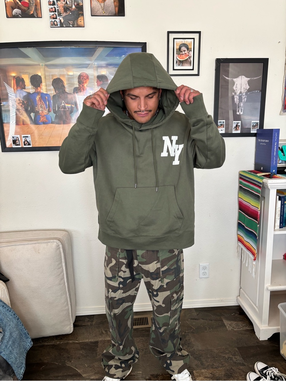 NY Logo Olive Green Pullover Hoodie for Men